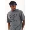 Unisex Oversize Baskılı Bisiklet Yaka T-Shirt - Füme - 93251