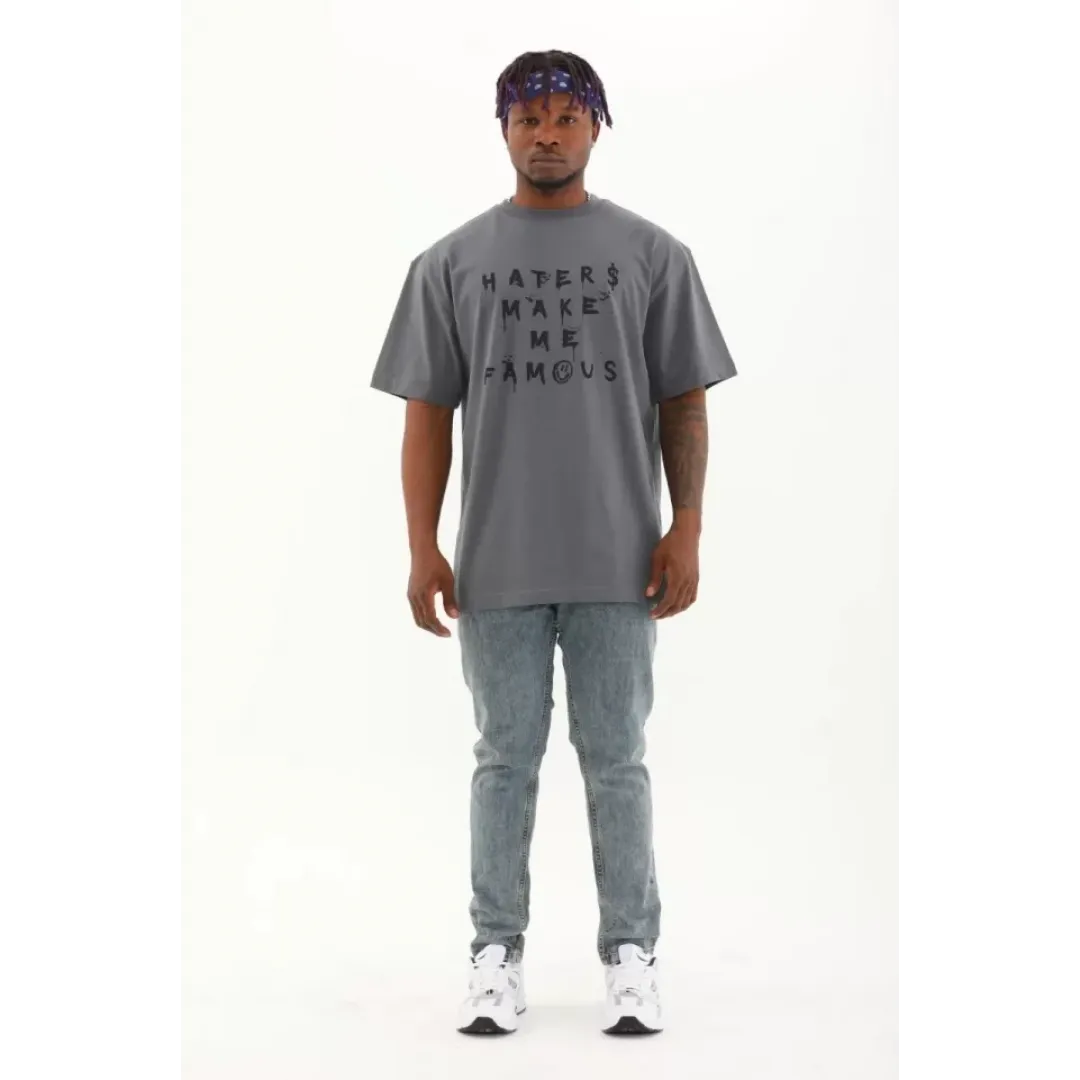 Unisex Oversize Baskılı Bisiklet Yaka T-Shirt - Füme - 93251