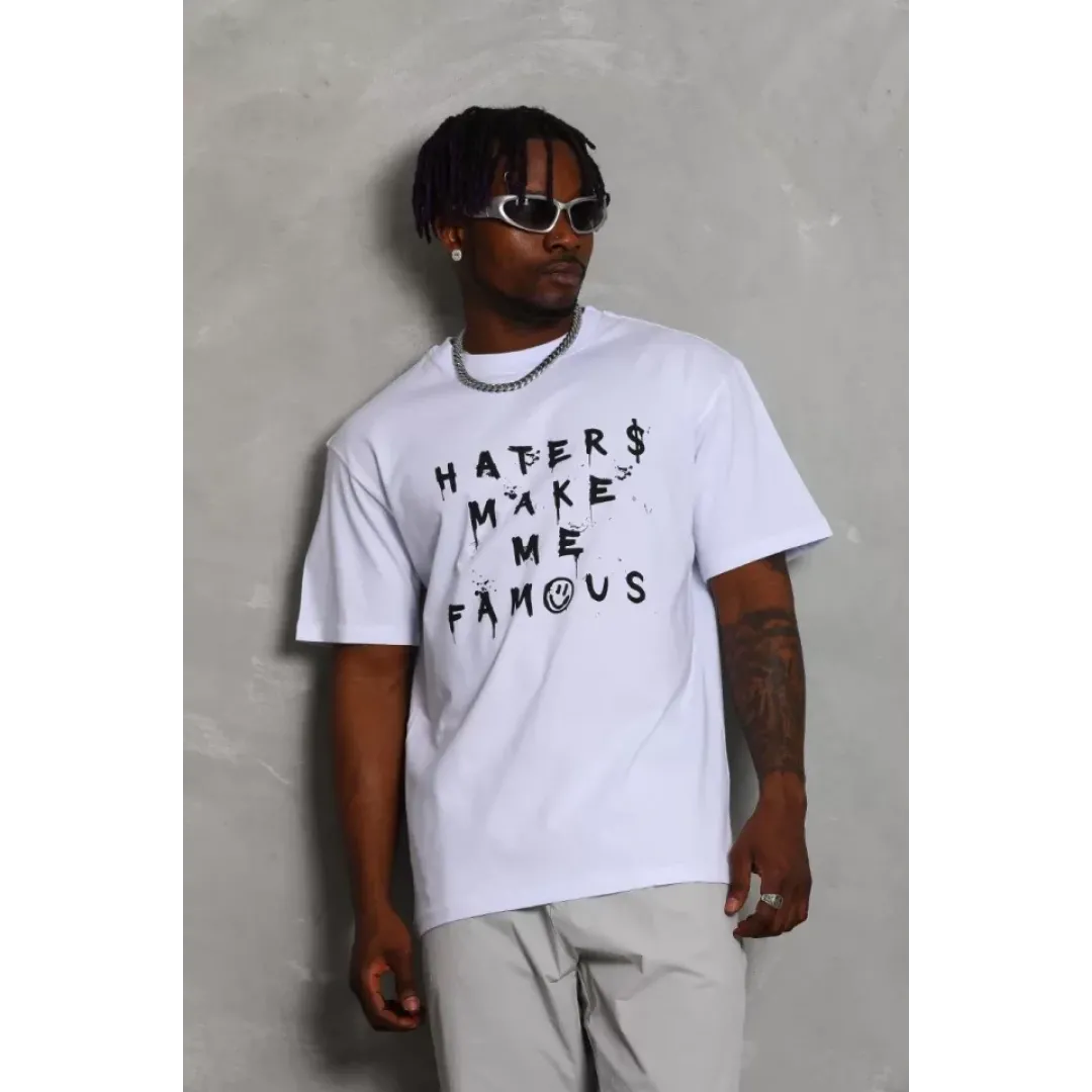 Unisex Oversize Baskılı Bisiklet Yaka T-Shirt - Beyaz - 93252