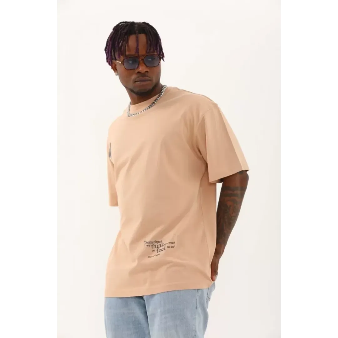 Unisex Oversize Baskılı Bisiklet Yaka T-Shirt - Bej - 93254 Unisex Oversize Baskılı Bisiklet Yaka T-Shirt - Bej - 93254