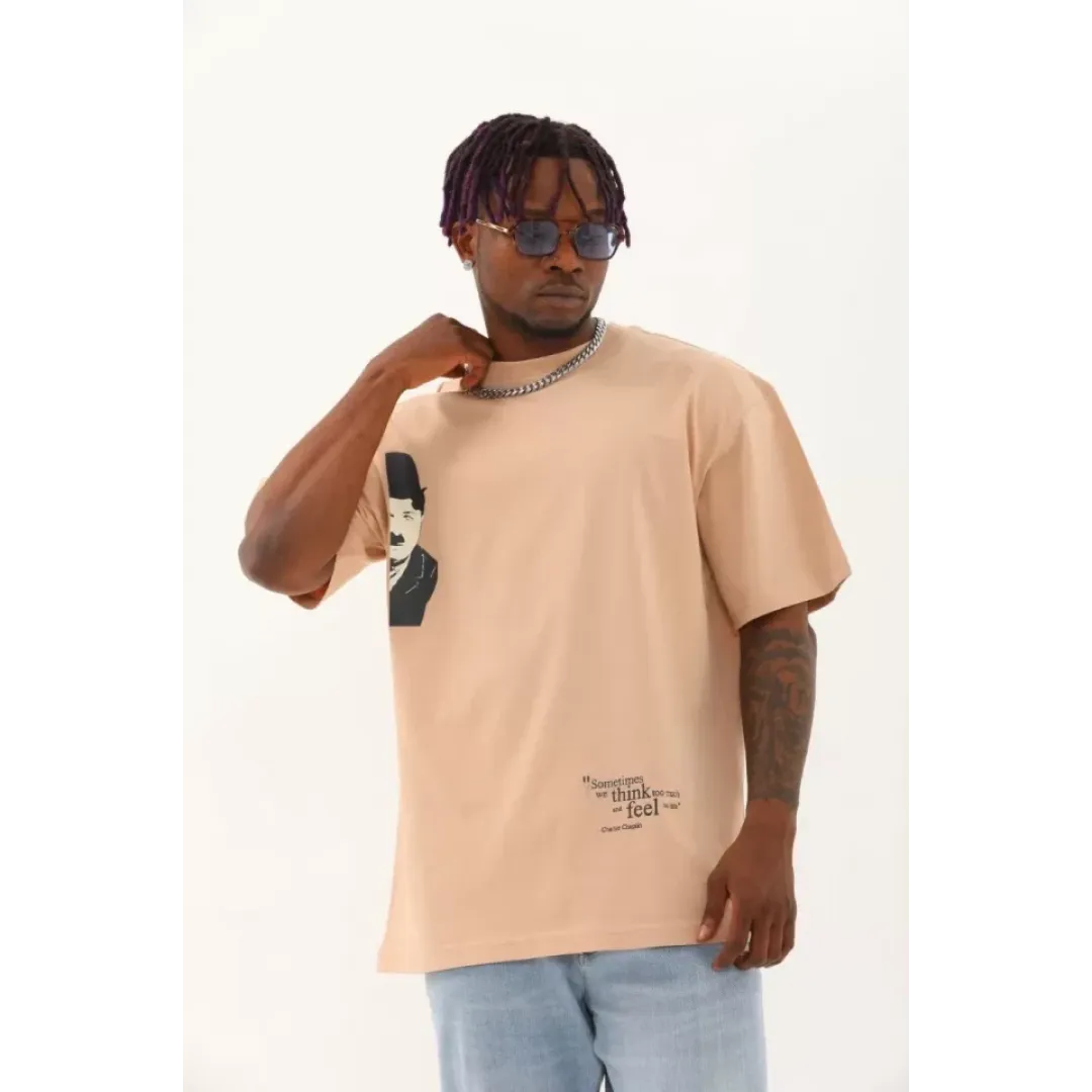 Unisex Oversize Baskılı Bisiklet Yaka T-Shirt - Bej - 93254 Unisex Oversize Baskılı Bisiklet Yaka T-Shirt - Bej - 93254