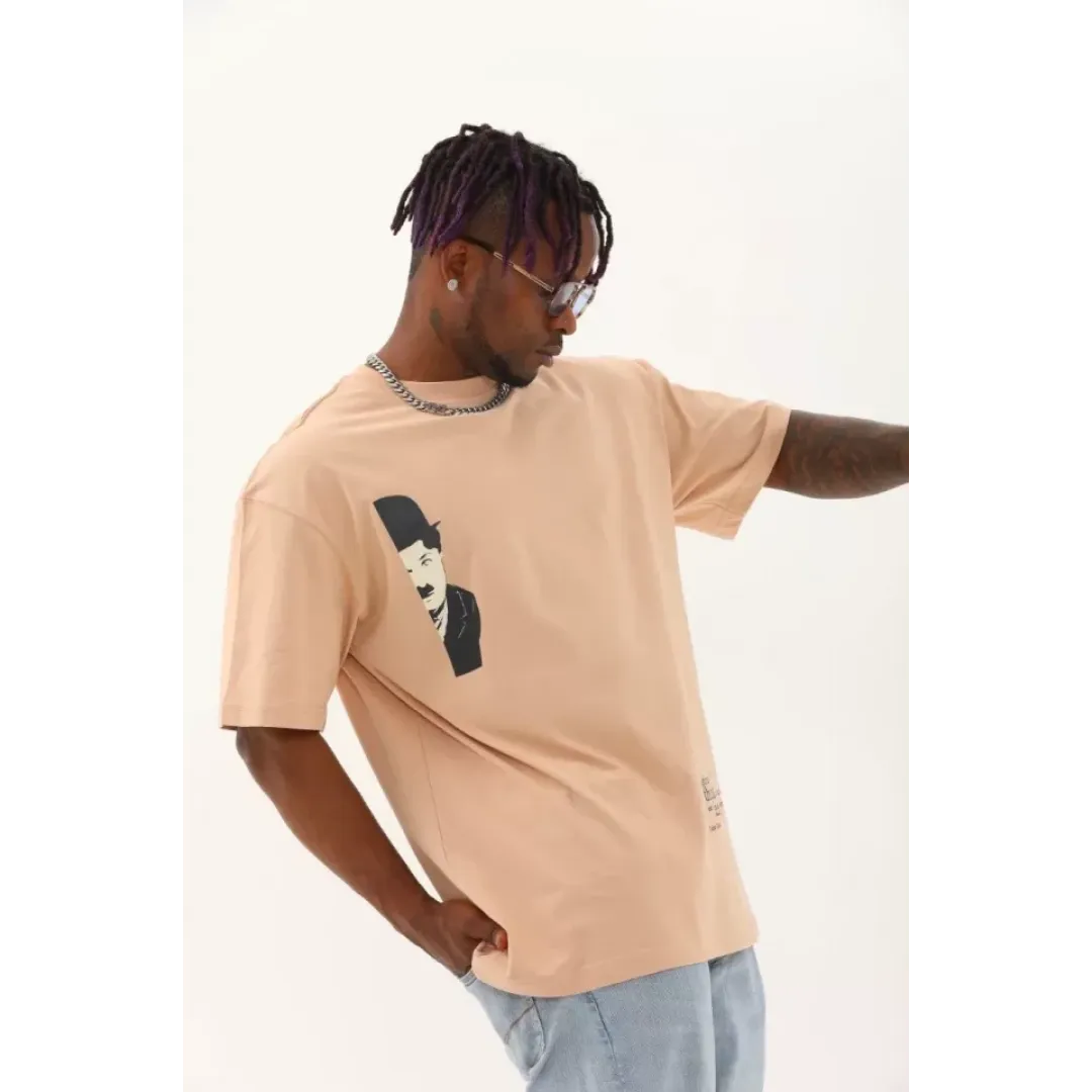 Unisex Oversize Baskılı Bisiklet Yaka T-Shirt - Bej - 93254 Unisex Oversize Baskılı Bisiklet Yaka T-Shirt - Bej - 93254