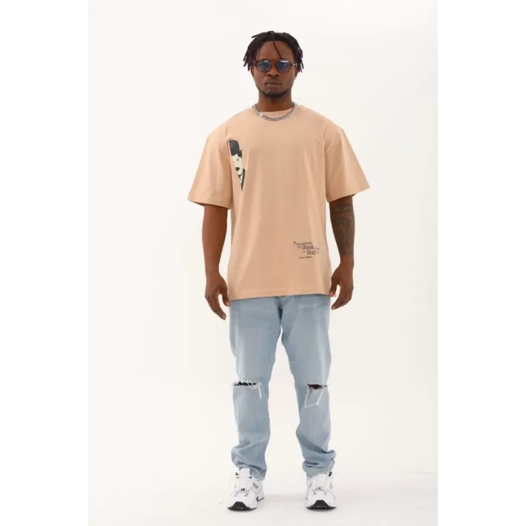 Unisex Oversize Baskılı Bisiklet Yaka T-Shirt - Bej - 93254 Unisex Oversize Baskılı Bisiklet Yaka T-Shirt - Bej - 93254