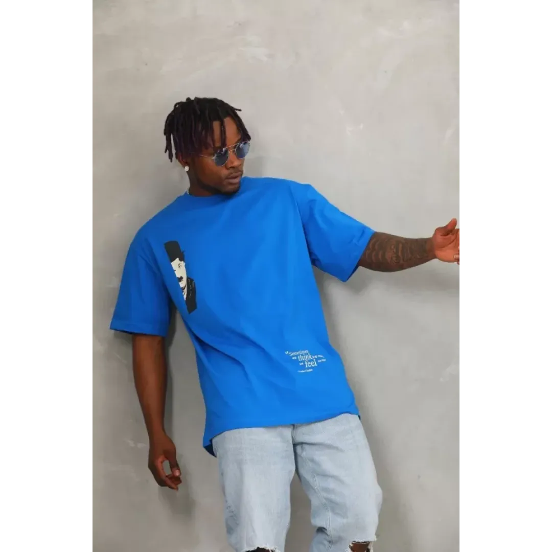 Unisex Oversize Baskılı Bisiklet Yaka T-Shirt - Mavi - 93255 Unisex Oversize Baskılı Bisiklet Yaka T-Shirt - Mavi - 93255