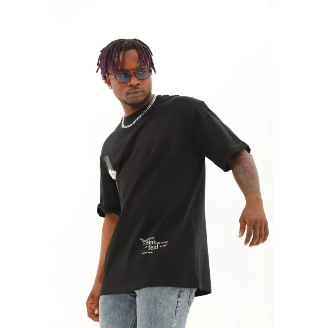 Unisex Oversize Baskılı Bisiklet Yaka T-Shirt - Siyah - 93256 Unisex Oversize Baskılı Bisiklet Yaka T-Shirt - Siyah - 93256