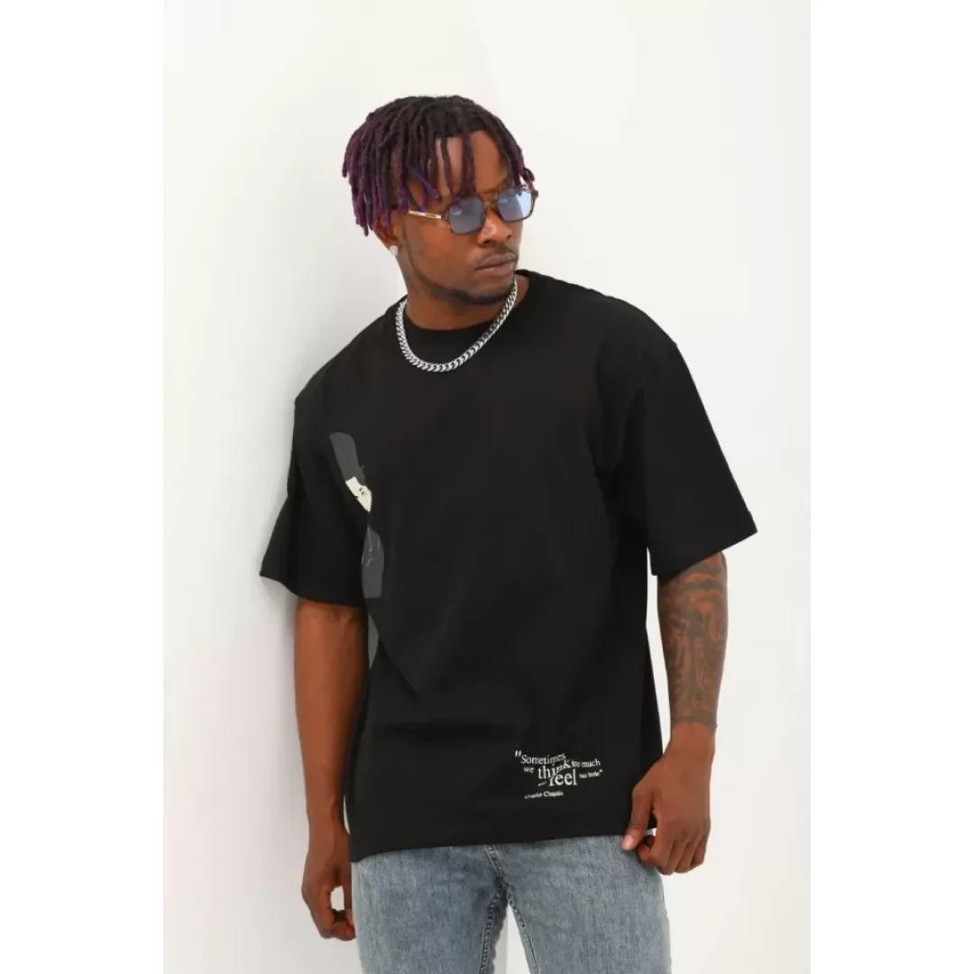 Unisex Oversize Baskılı Bisiklet Yaka T-Shirt - Siyah - 93256 Unisex Oversize Baskılı Bisiklet Yaka T-Shirt - Siyah - 93256