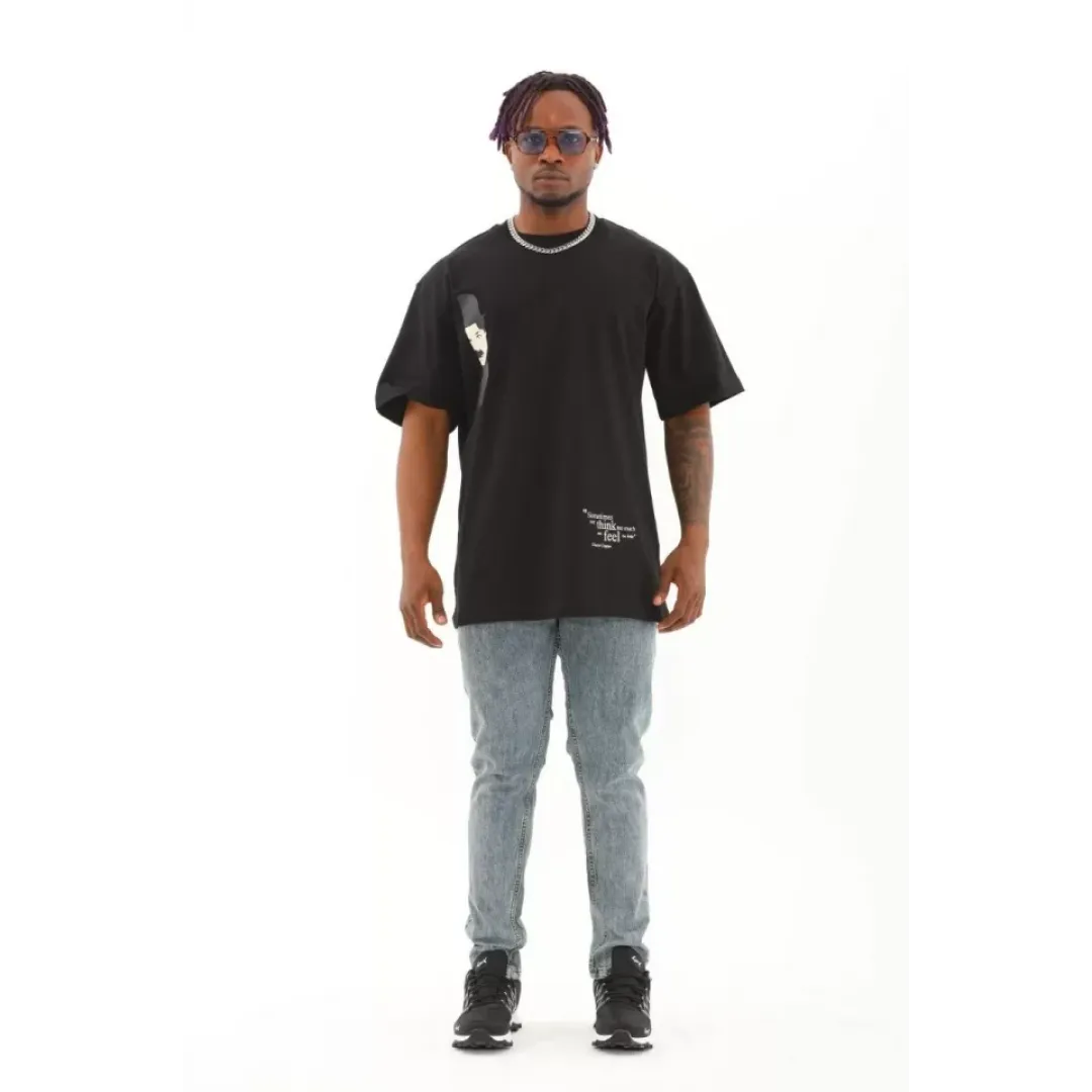 Unisex Oversize Baskılı Bisiklet Yaka T-Shirt - Siyah - 93256 Unisex Oversize Baskılı Bisiklet Yaka T-Shirt - Siyah - 93256