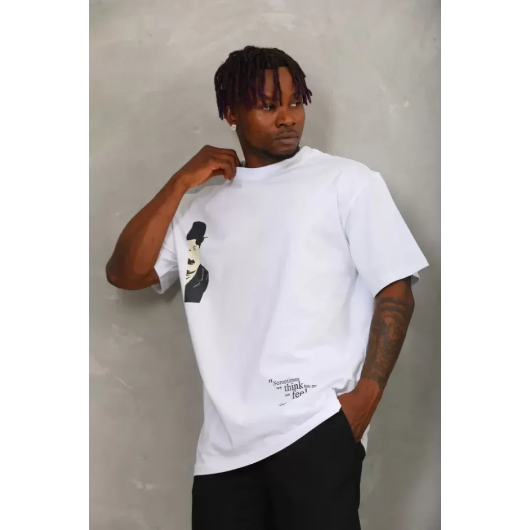 Unisex Oversize Baskılı Bisiklet Yaka T-Shirt - Beyaz - 93257 Unisex Oversize Baskılı Bisiklet Yaka T-Shirt - Beyaz - 93257