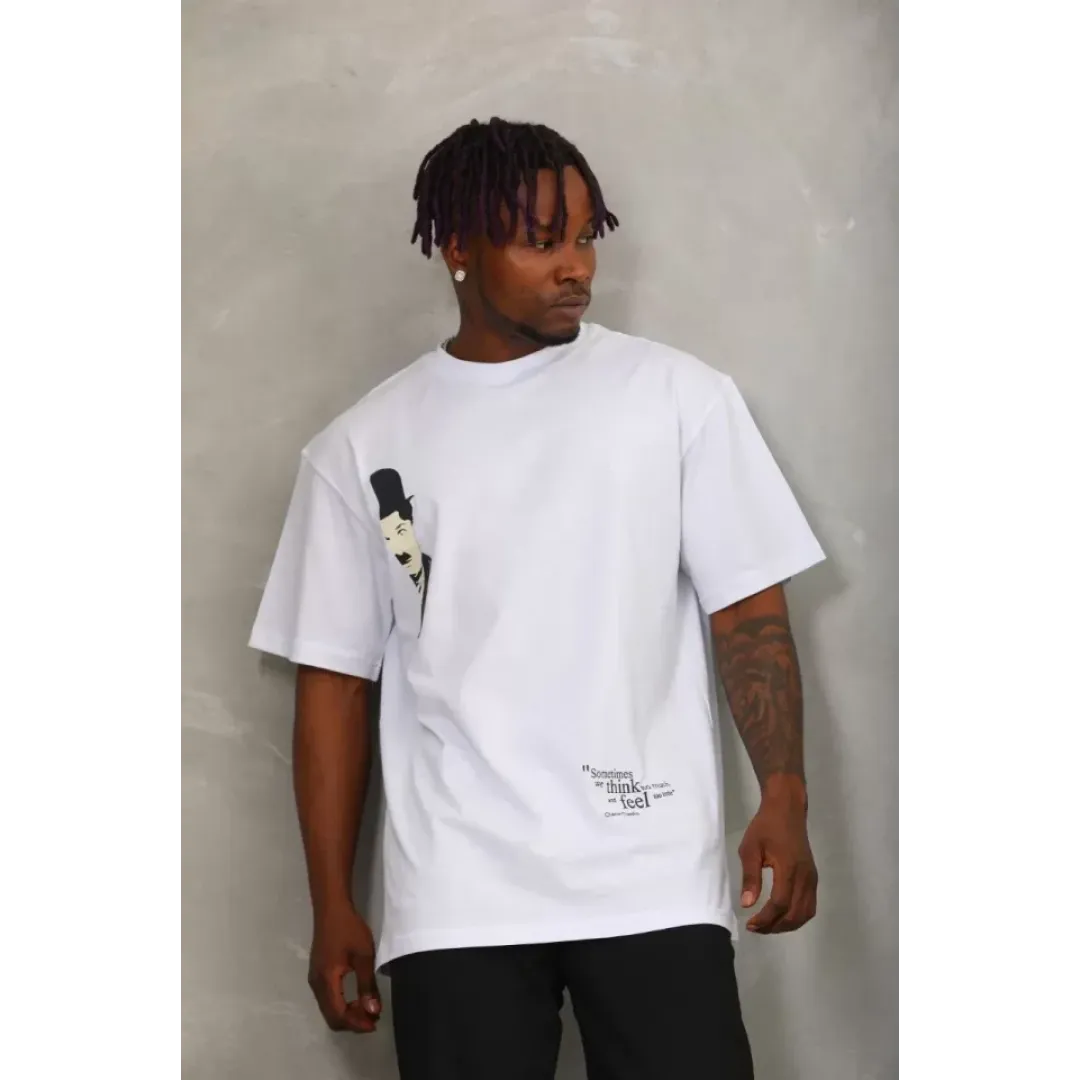 Unisex Oversize Baskılı Bisiklet Yaka T-Shirt - Beyaz - 93257 Unisex Oversize Baskılı Bisiklet Yaka T-Shirt - Beyaz - 93257