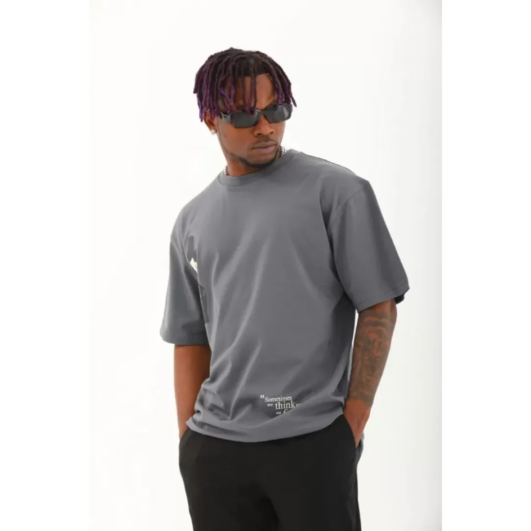 Unisex Oversize Baskılı Bisiklet Yaka T-Shirt - Füme - 93258