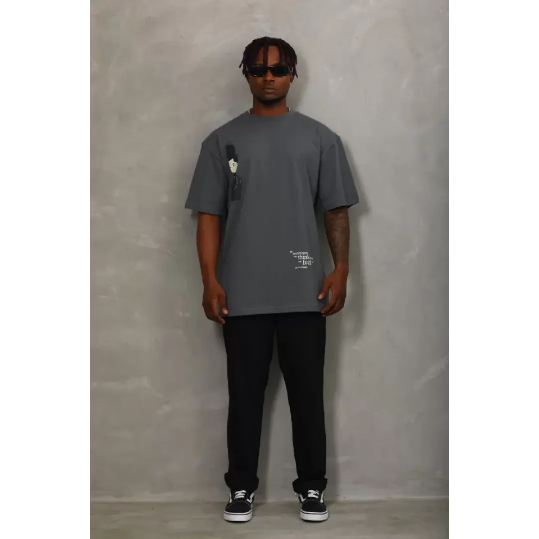 Unisex Oversize Baskılı Bisiklet Yaka T-Shirt - Füme - 93258