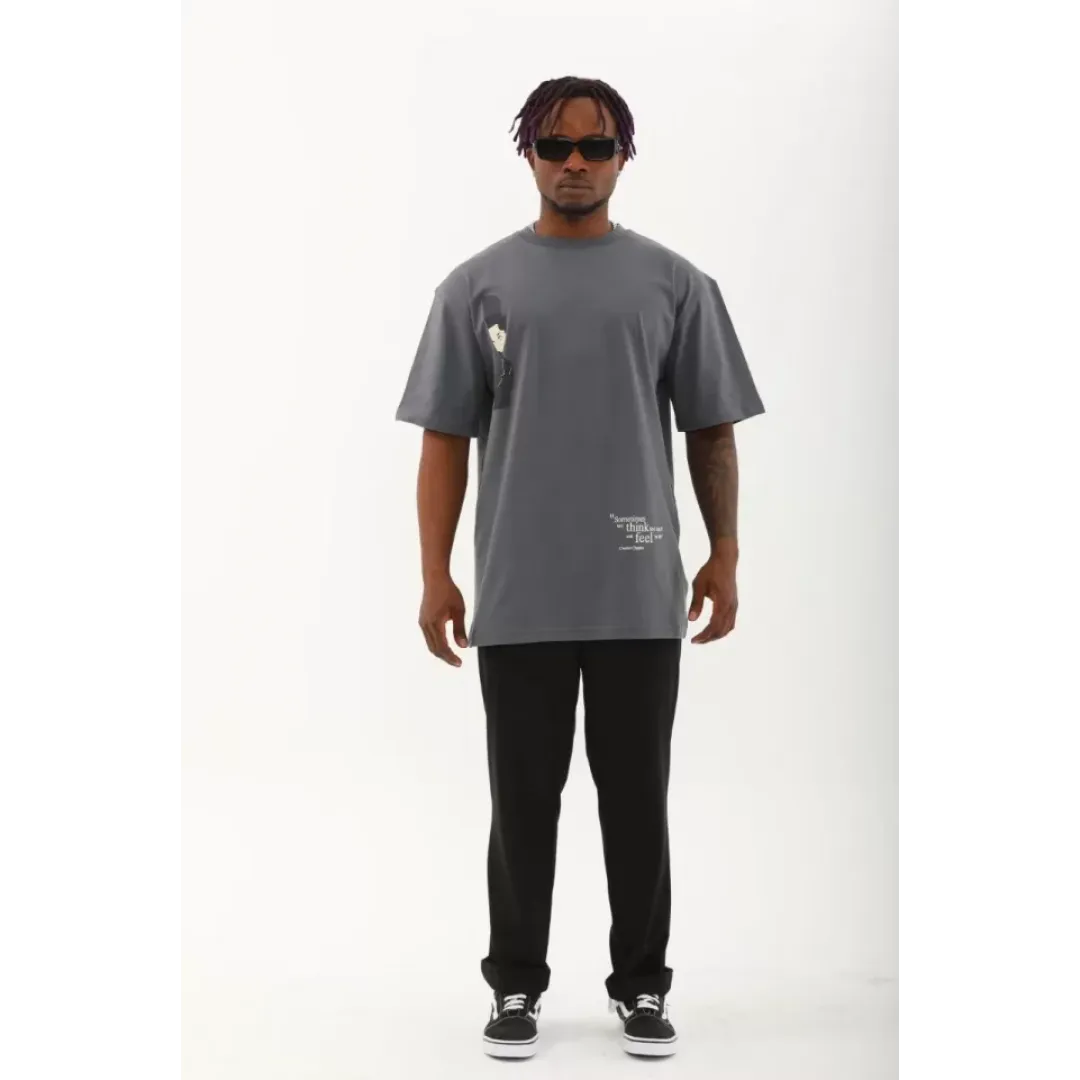 Unisex Oversize Baskılı Bisiklet Yaka T-Shirt - Füme - 93258
