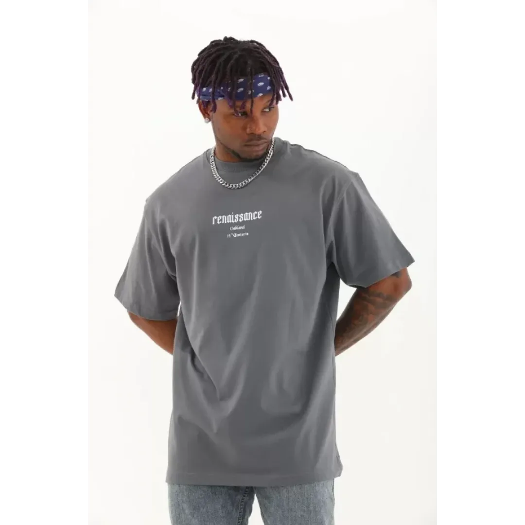 Unisex Oversize Baskılı Bisiklet Yaka T-Shirt - Füme - 93259