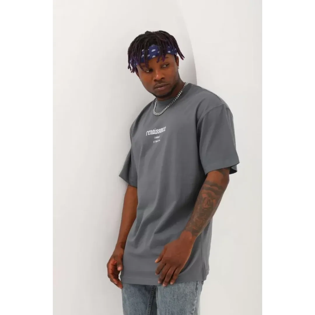 Unisex Oversize Baskılı Bisiklet Yaka T-Shirt - Füme - 93259