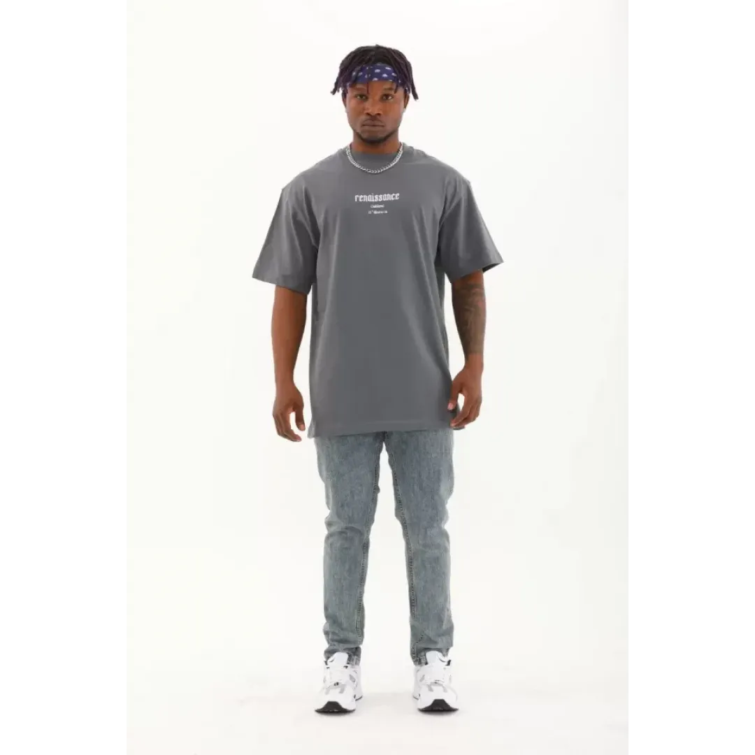 Unisex Oversize Baskılı Bisiklet Yaka T-Shirt - Füme - 93259