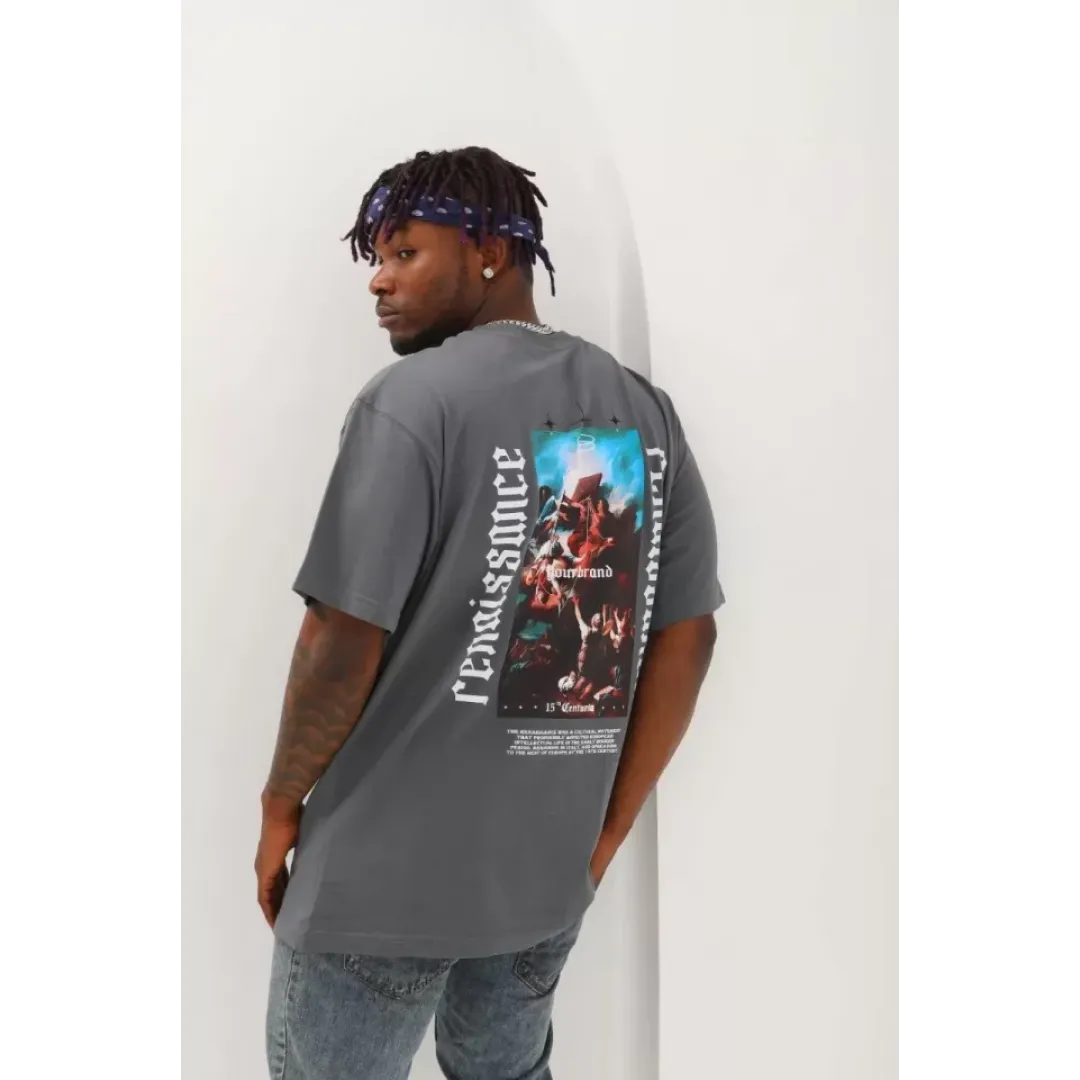 Unisex Oversize Baskılı Bisiklet Yaka T-Shirt - Füme - 93259
