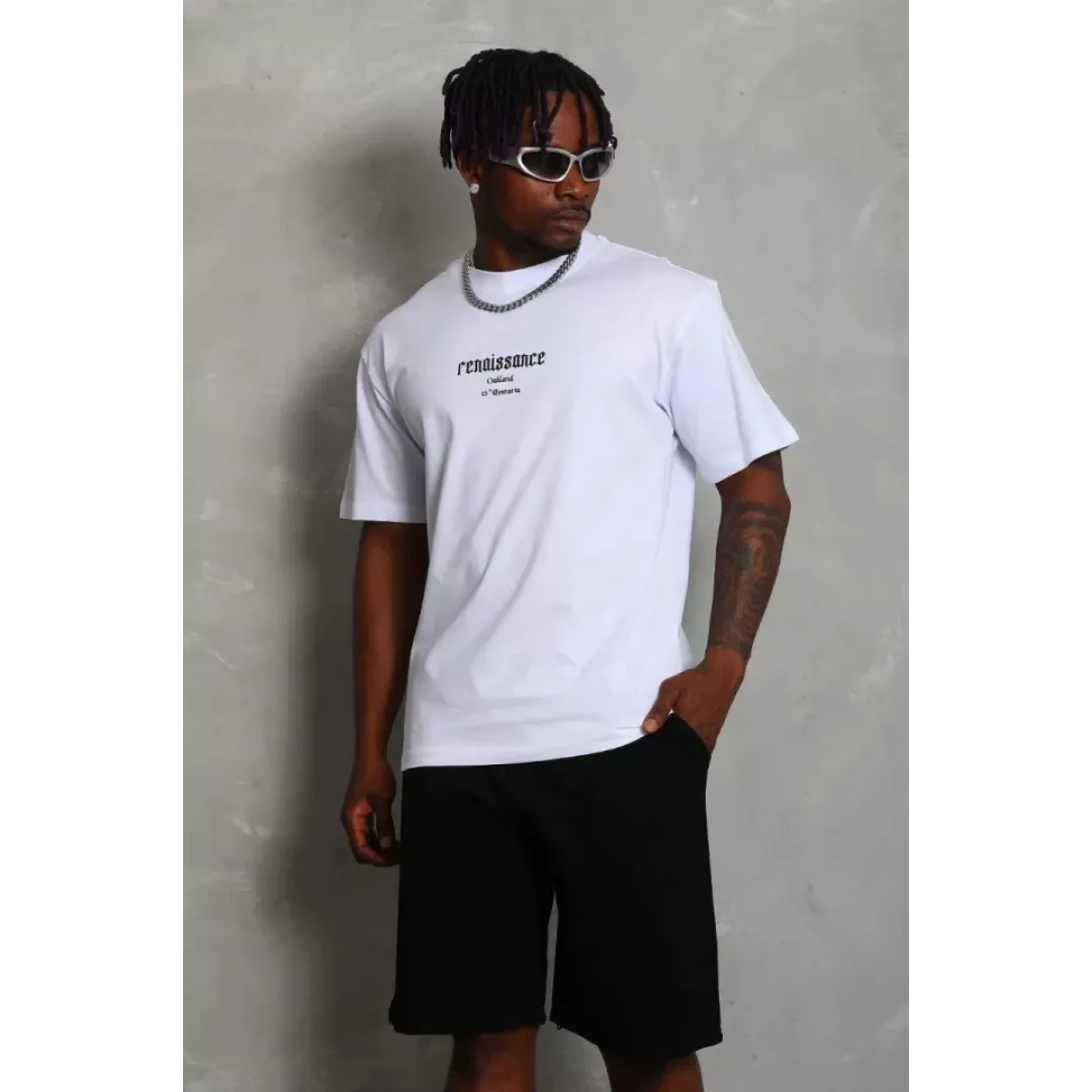 Unisex Oversize Baskılı Bisiklet Yaka T-Shirt - Beyaz - 93260