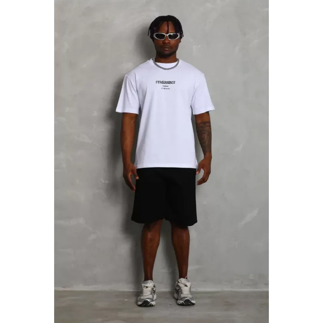 Unisex Oversize Baskılı Bisiklet Yaka T-Shirt - Beyaz - 93260