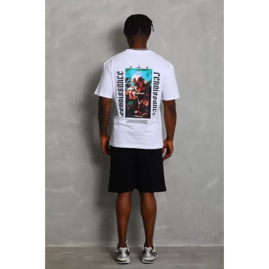 Unisex Oversize Baskılı Bisiklet Yaka T-Shirt - Beyaz - 93260