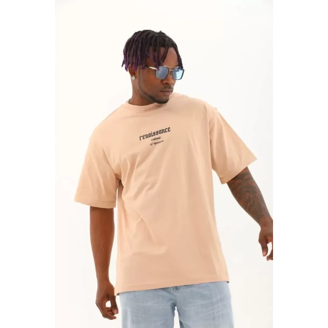 Unisex Oversize Baskılı Bisiklet Yaka T-Shirt - Bej - 93261 Unisex Oversize Baskılı Bisiklet Yaka T-Shirt - Bej - 93261