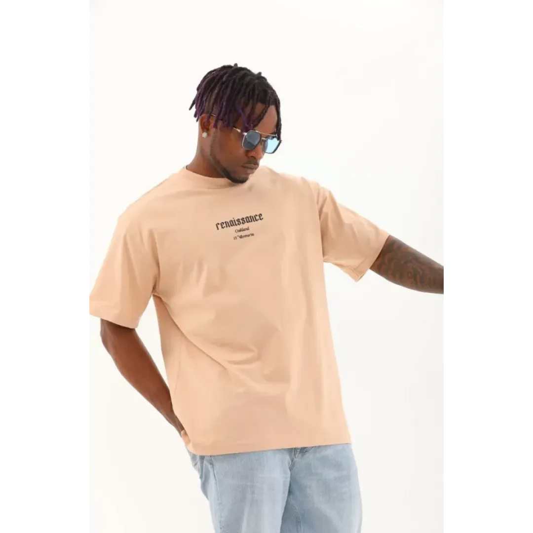 Unisex Oversize Baskılı Bisiklet Yaka T-Shirt - Bej - 93261 Unisex Oversize Baskılı Bisiklet Yaka T-Shirt - Bej - 93261