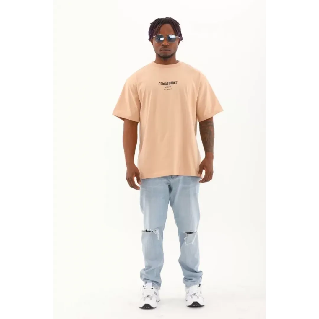 Unisex Oversize Baskılı Bisiklet Yaka T-Shirt - Bej - 93261 Unisex Oversize Baskılı Bisiklet Yaka T-Shirt - Bej - 93261