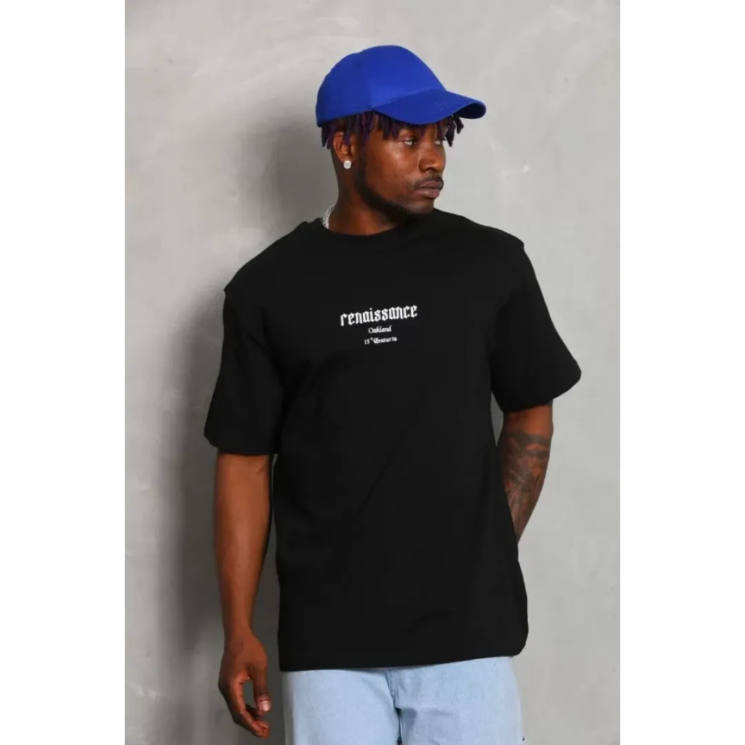 Unisex Oversize Baskılı Bisiklet Yaka T-Shirt - Siyah - 93262 Unisex Oversize Baskılı Bisiklet Yaka T-Shirt - Siyah - 93262