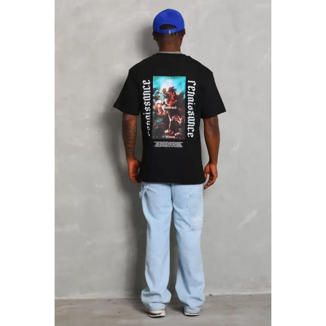 Unisex Oversize Baskılı Bisiklet Yaka T-Shirt - Siyah - 93262 Unisex Oversize Baskılı Bisiklet Yaka T-Shirt - Siyah - 93262