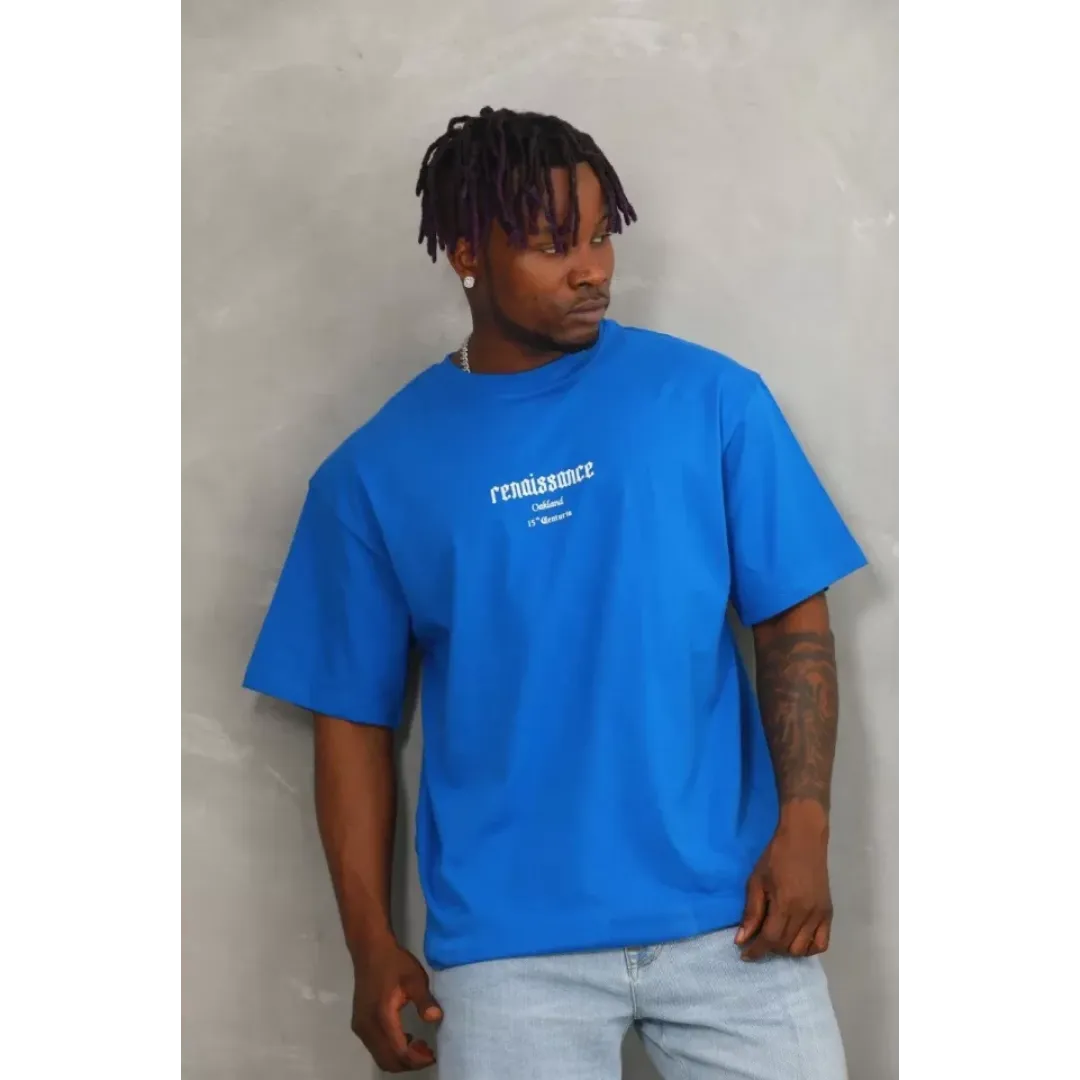 Unisex Oversize Baskılı Bisiklet Yaka T-Shirt - Mavi - 93263 Unisex Oversize Baskılı Bisiklet Yaka T-Shirt - Mavi - 93263