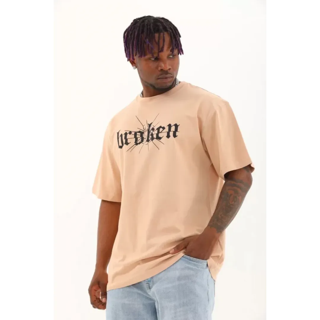 Unisex Oversize Baskılı Bisiklet Yaka T-Shirt - Bej - 93264 Unisex Oversize Baskılı Bisiklet Yaka T-Shirt - Bej - 93264