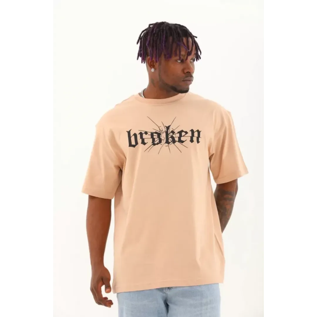 Unisex Oversize Baskılı Bisiklet Yaka T-Shirt - Bej - 93264 Unisex Oversize Baskılı Bisiklet Yaka T-Shirt - Bej - 93264