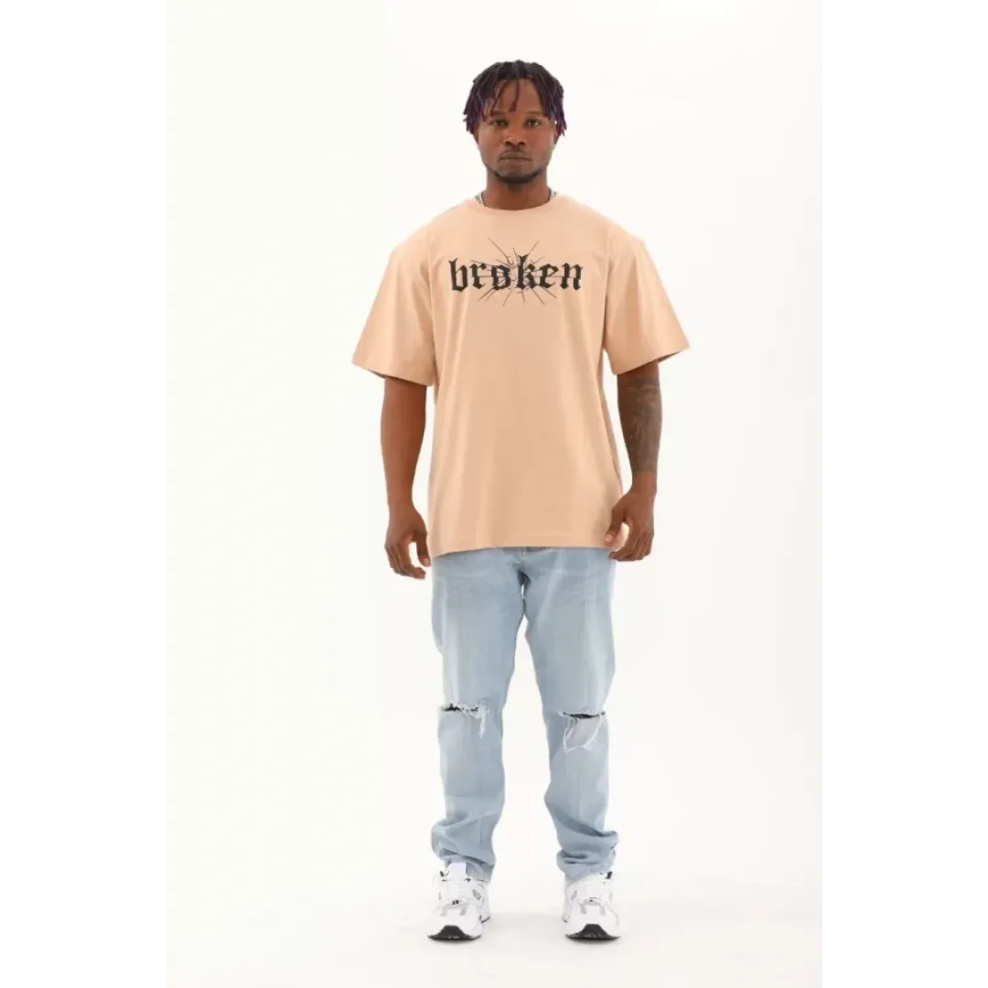 Unisex Oversize Baskılı Bisiklet Yaka T-Shirt - Bej - 93264 Unisex Oversize Baskılı Bisiklet Yaka T-Shirt - Bej - 93264