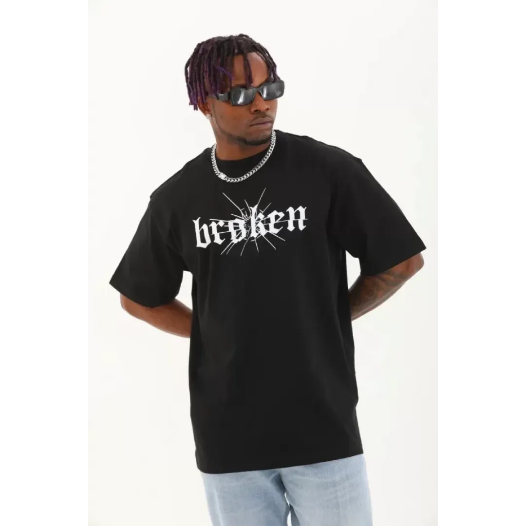 Unisex Oversize Baskılı Bisiklet Yaka T-Shirt - Siyah - 93265 Unisex Oversize Baskılı Bisiklet Yaka T-Shirt - Siyah - 93265