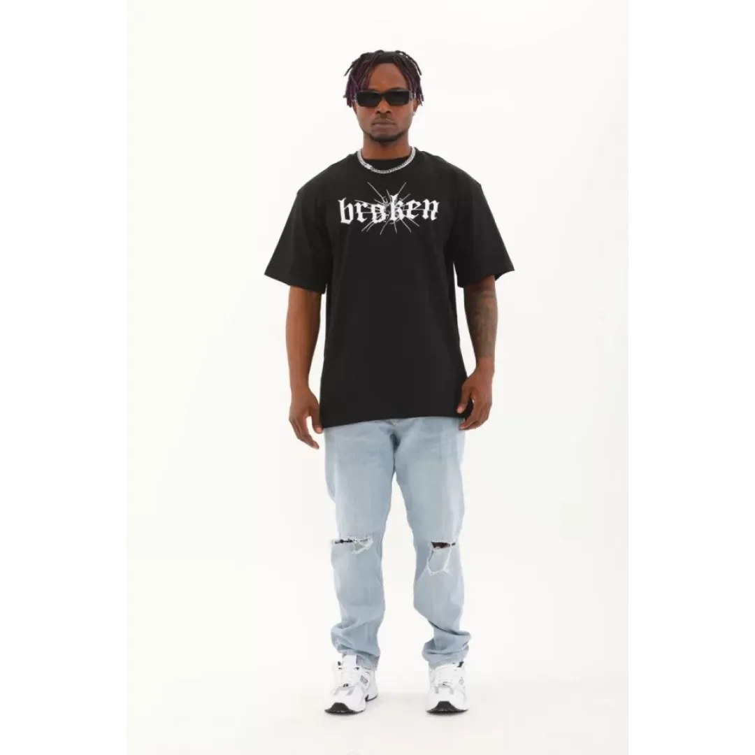 Unisex Oversize Baskılı Bisiklet Yaka T-Shirt - Siyah - 93265 Unisex Oversize Baskılı Bisiklet Yaka T-Shirt - Siyah - 93265