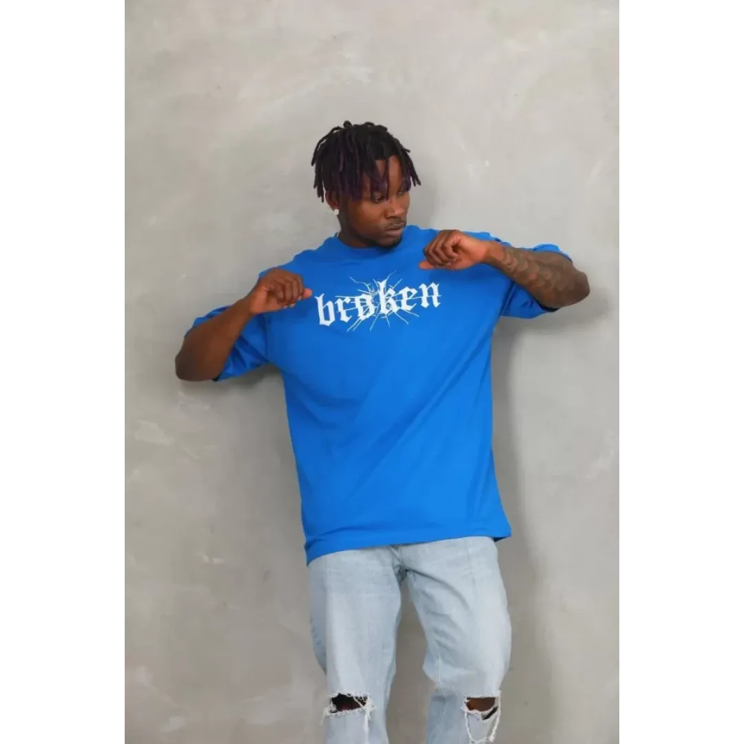 Unisex Oversize Baskılı Bisiklet Yaka T-Shirt - Mavi - 93266 Unisex Oversize Baskılı Bisiklet Yaka T-Shirt - Mavi - 93266