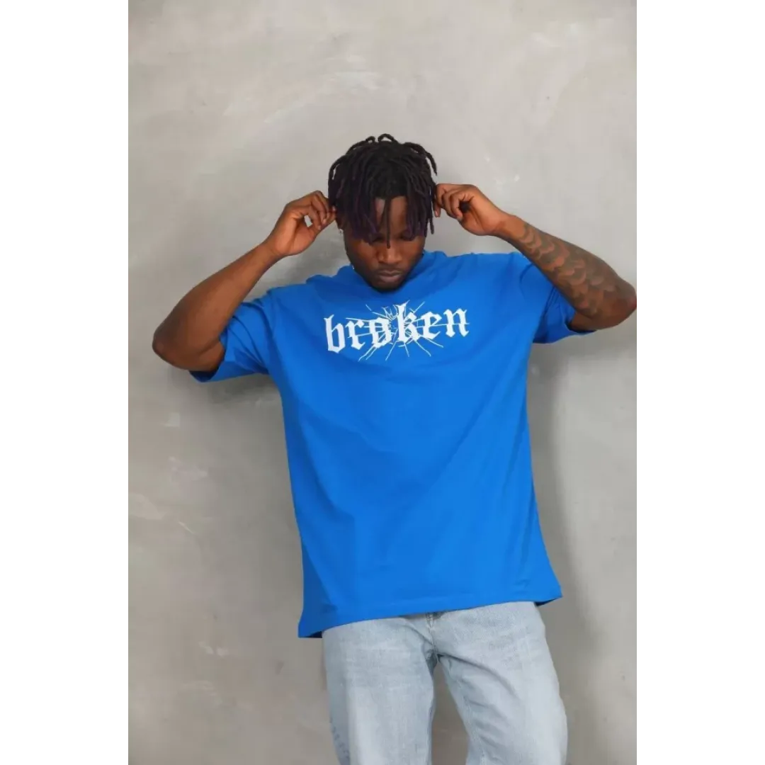 Unisex Oversize Baskılı Bisiklet Yaka T-Shirt - Mavi - 93266 Unisex Oversize Baskılı Bisiklet Yaka T-Shirt - Mavi - 93266