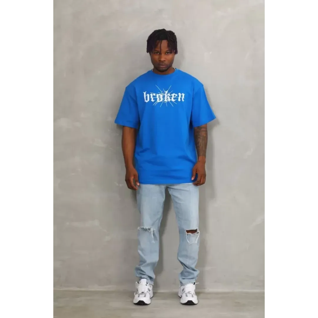 Unisex Oversize Baskılı Bisiklet Yaka T-Shirt - Mavi - 93266 Unisex Oversize Baskılı Bisiklet Yaka T-Shirt - Mavi - 93266