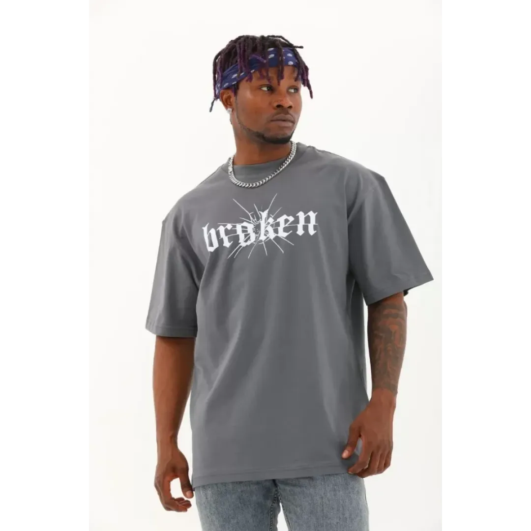 Unisex Oversize Baskılı Bisiklet Yaka T-Shirt - Füme - 93267 Unisex Oversize Baskılı Bisiklet Yaka T-Shirt - Füme - 93267