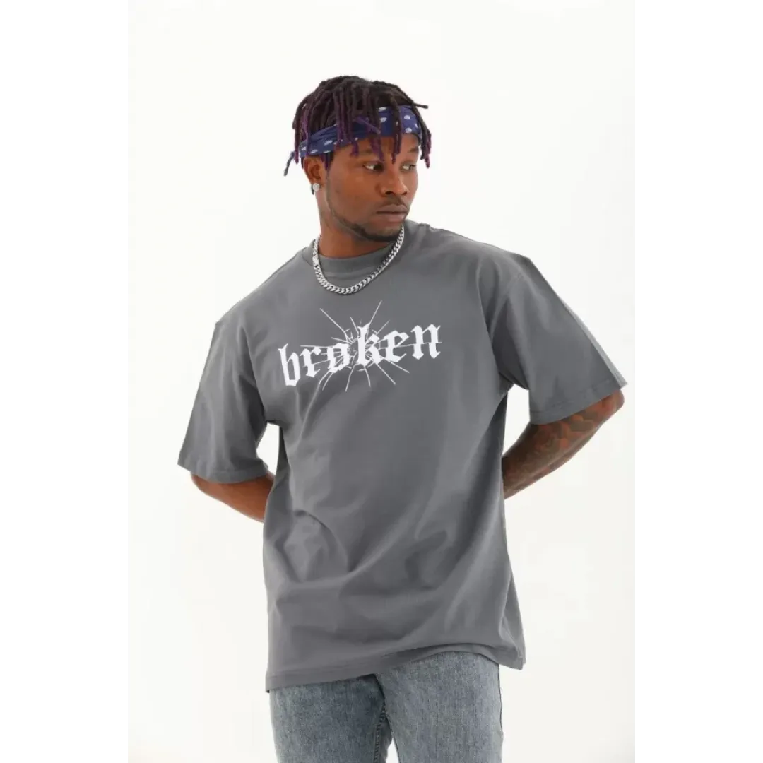 Unisex Oversize Baskılı Bisiklet Yaka T-Shirt - Füme - 93267 Unisex Oversize Baskılı Bisiklet Yaka T-Shirt - Füme - 93267