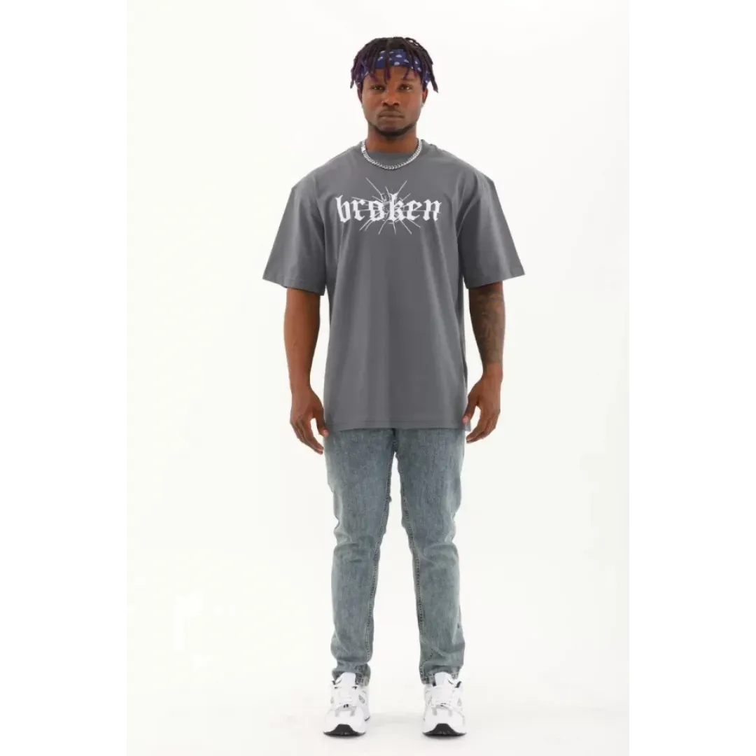 Unisex Oversize Baskılı Bisiklet Yaka T-Shirt - Füme - 93267 Unisex Oversize Baskılı Bisiklet Yaka T-Shirt - Füme - 93267