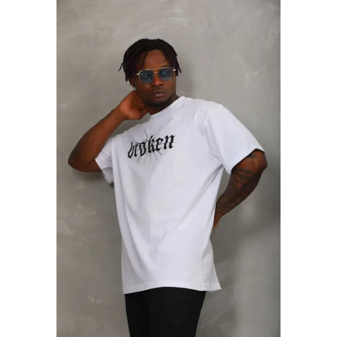 Unisex Oversize Baskılı Bisiklet Yaka T-Shirt - Beyaz - 93268 Unisex Oversize Baskılı Bisiklet Yaka T-Shirt - Beyaz - 93268
