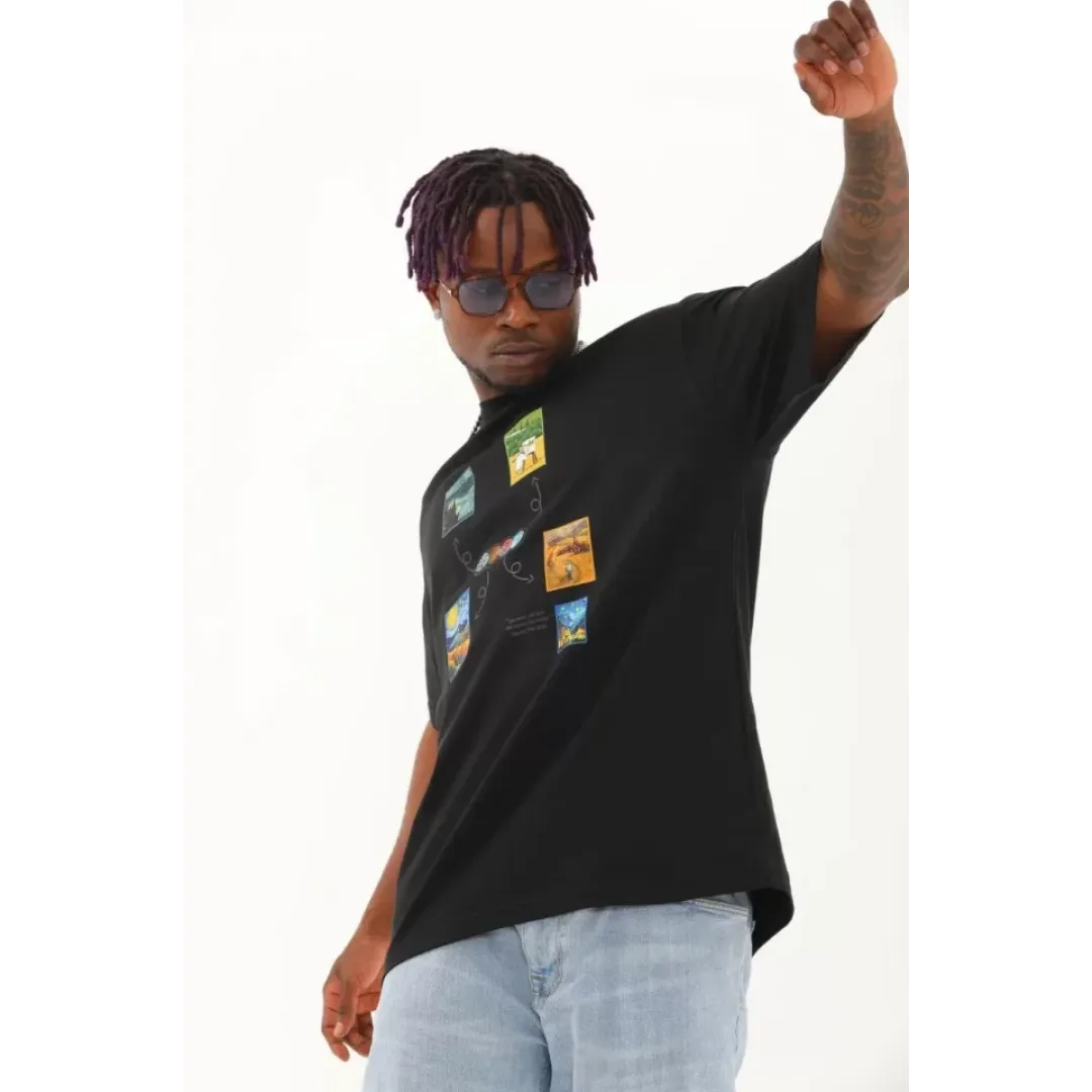 Unisex Oversize Baskılı Bisiklet Yaka T-Shirt - Siyah - 93284 Unisex Oversize Baskılı Bisiklet Yaka T-Shirt - Siyah - 93284