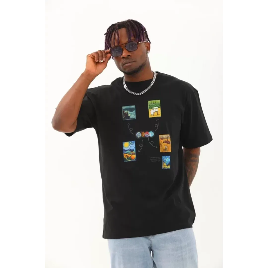 Unisex Oversize Baskılı Bisiklet Yaka T-Shirt - Siyah - 93284 Unisex Oversize Baskılı Bisiklet Yaka T-Shirt - Siyah - 93284