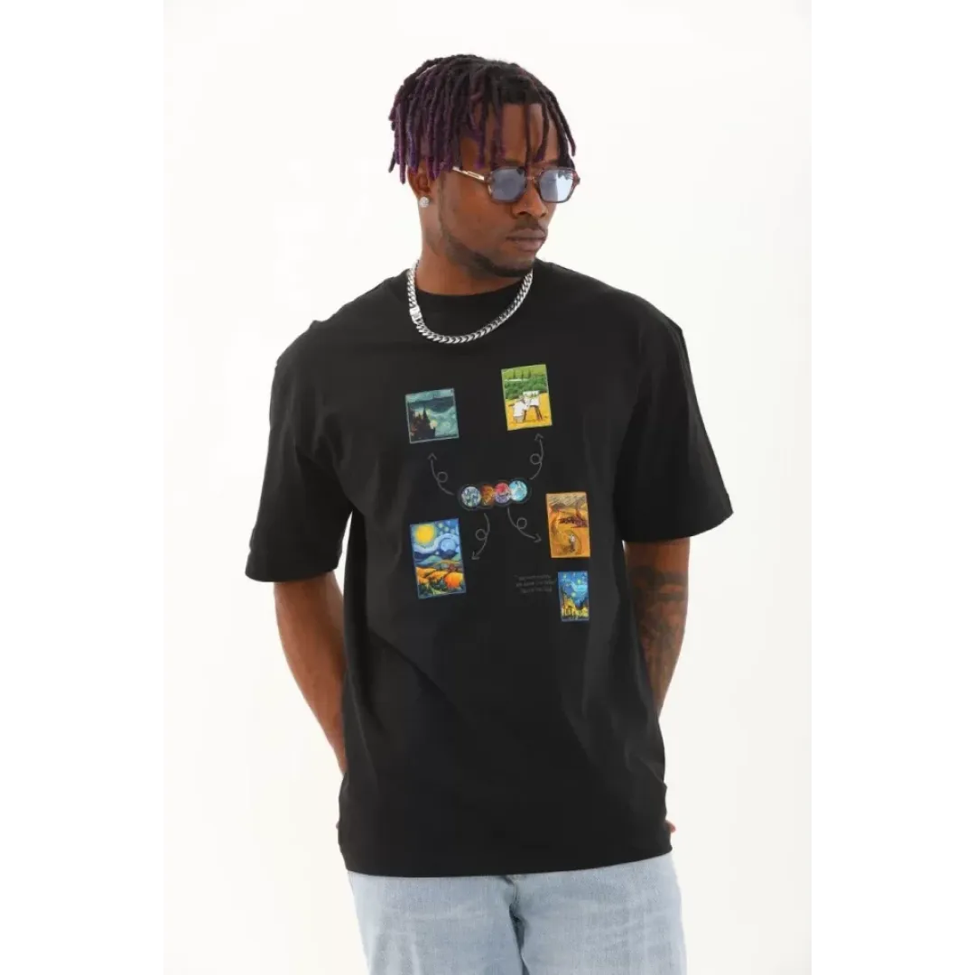 Unisex Oversize Baskılı Bisiklet Yaka T-Shirt - Siyah - 93284 Unisex Oversize Baskılı Bisiklet Yaka T-Shirt - Siyah - 93284