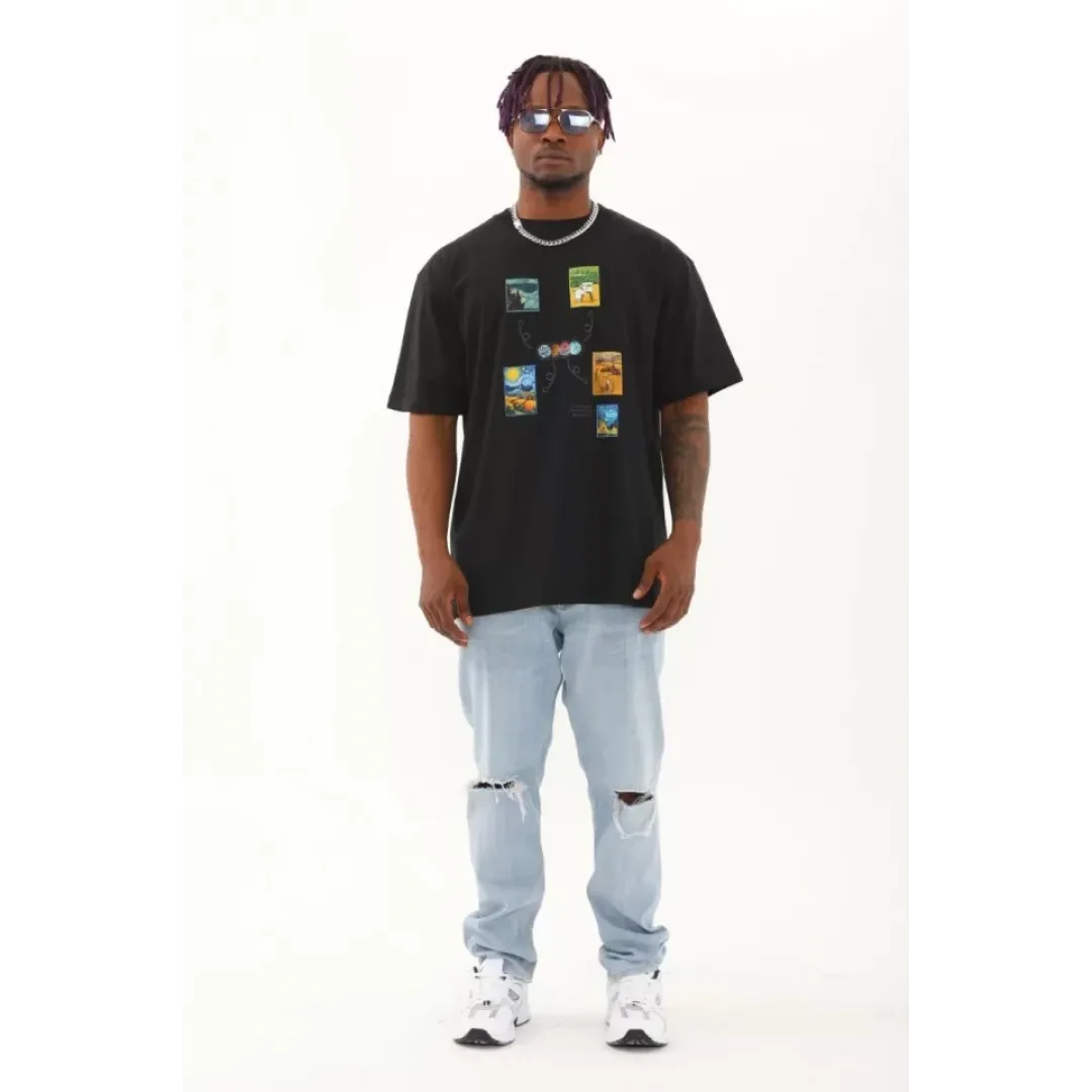 Unisex Oversize Baskılı Bisiklet Yaka T-Shirt - Siyah - 93284 Unisex Oversize Baskılı Bisiklet Yaka T-Shirt - Siyah - 93284