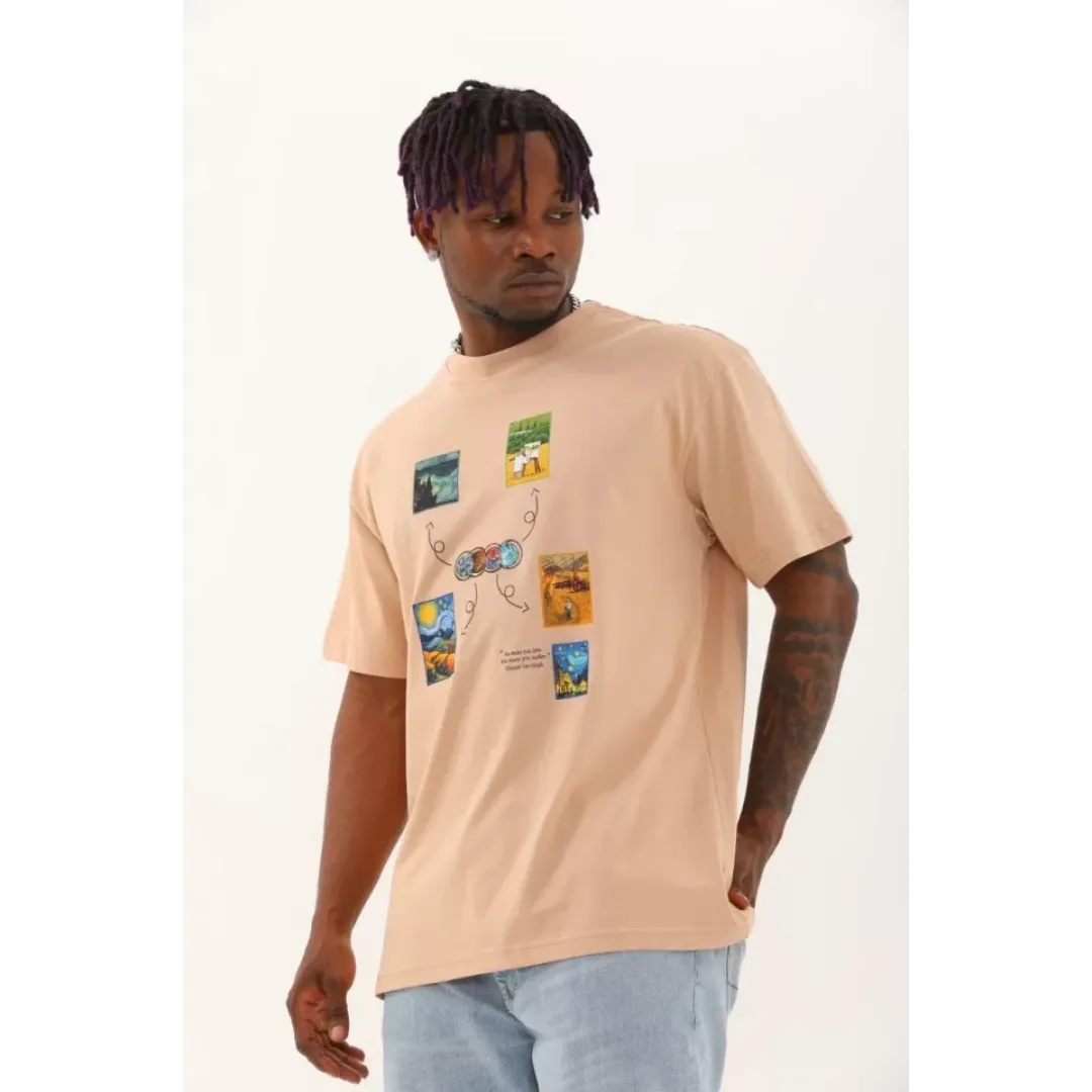 Unisex Oversize Baskılı Bisiklet Yaka T-Shirt - Bej - 93285 Unisex Oversize Baskılı Bisiklet Yaka T-Shirt - Bej - 93285