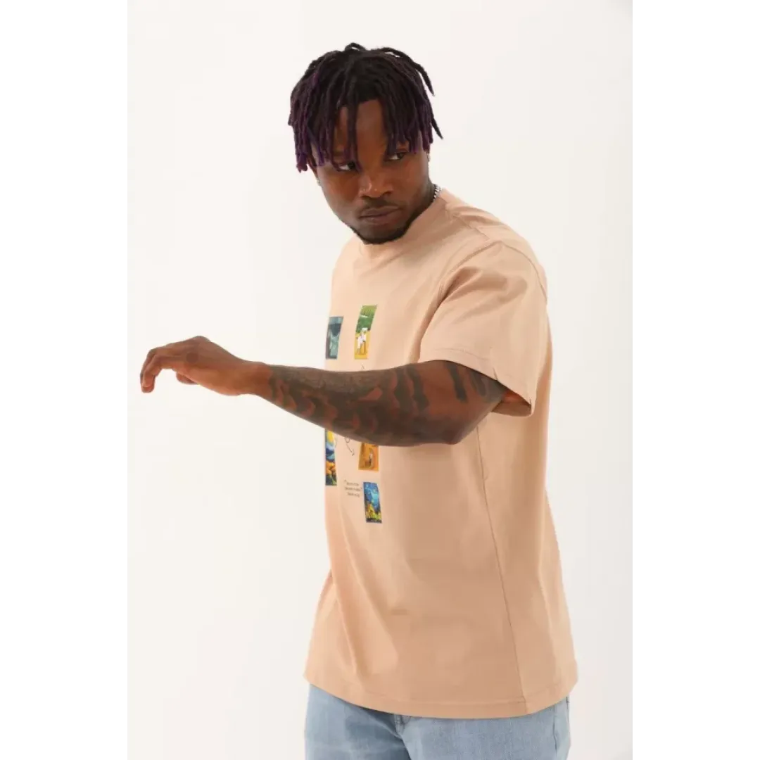 Unisex Oversize Baskılı Bisiklet Yaka T-Shirt - Bej - 93285 Unisex Oversize Baskılı Bisiklet Yaka T-Shirt - Bej - 93285