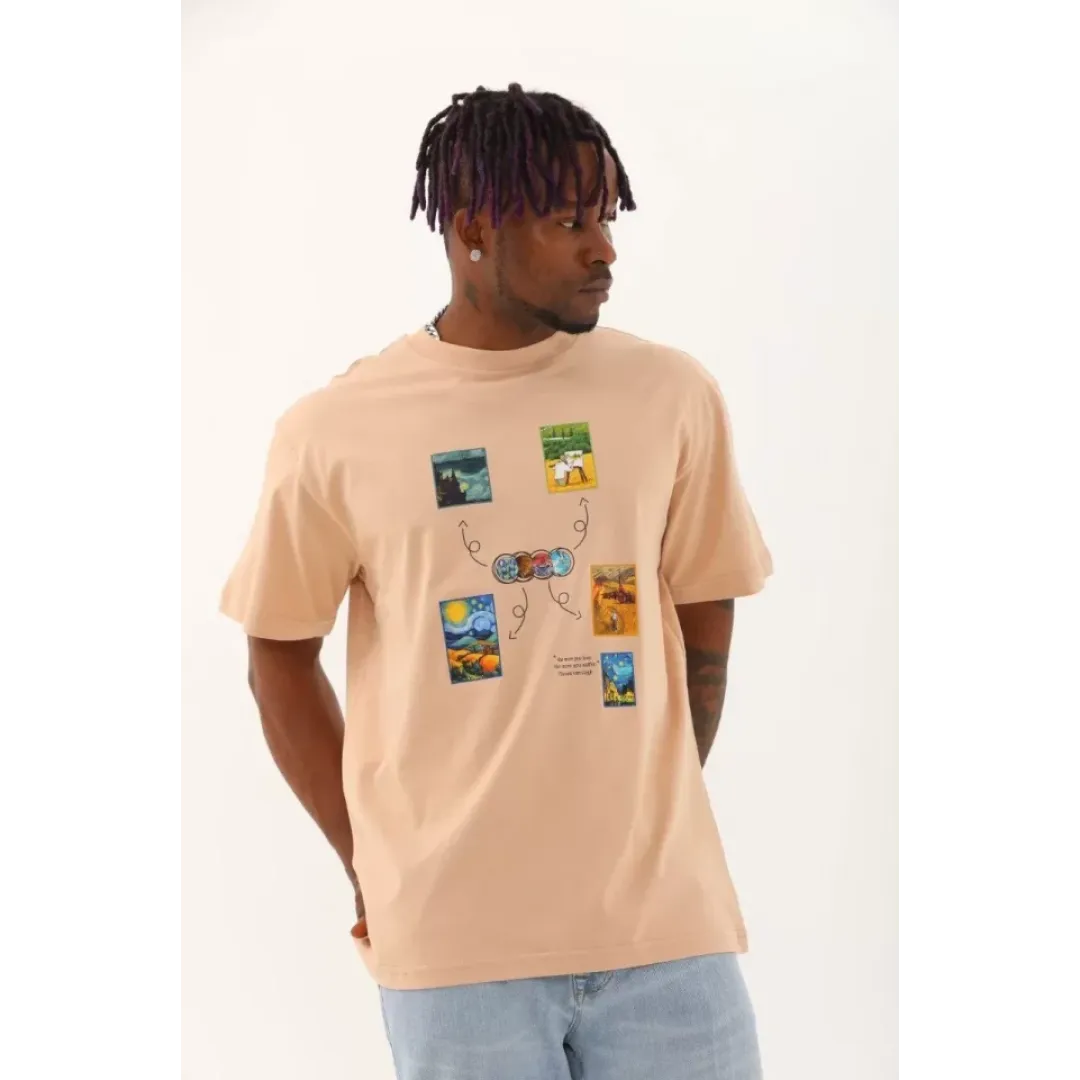 Unisex Oversize Baskılı Bisiklet Yaka T-Shirt - Bej - 93285 Unisex Oversize Baskılı Bisiklet Yaka T-Shirt - Bej - 93285