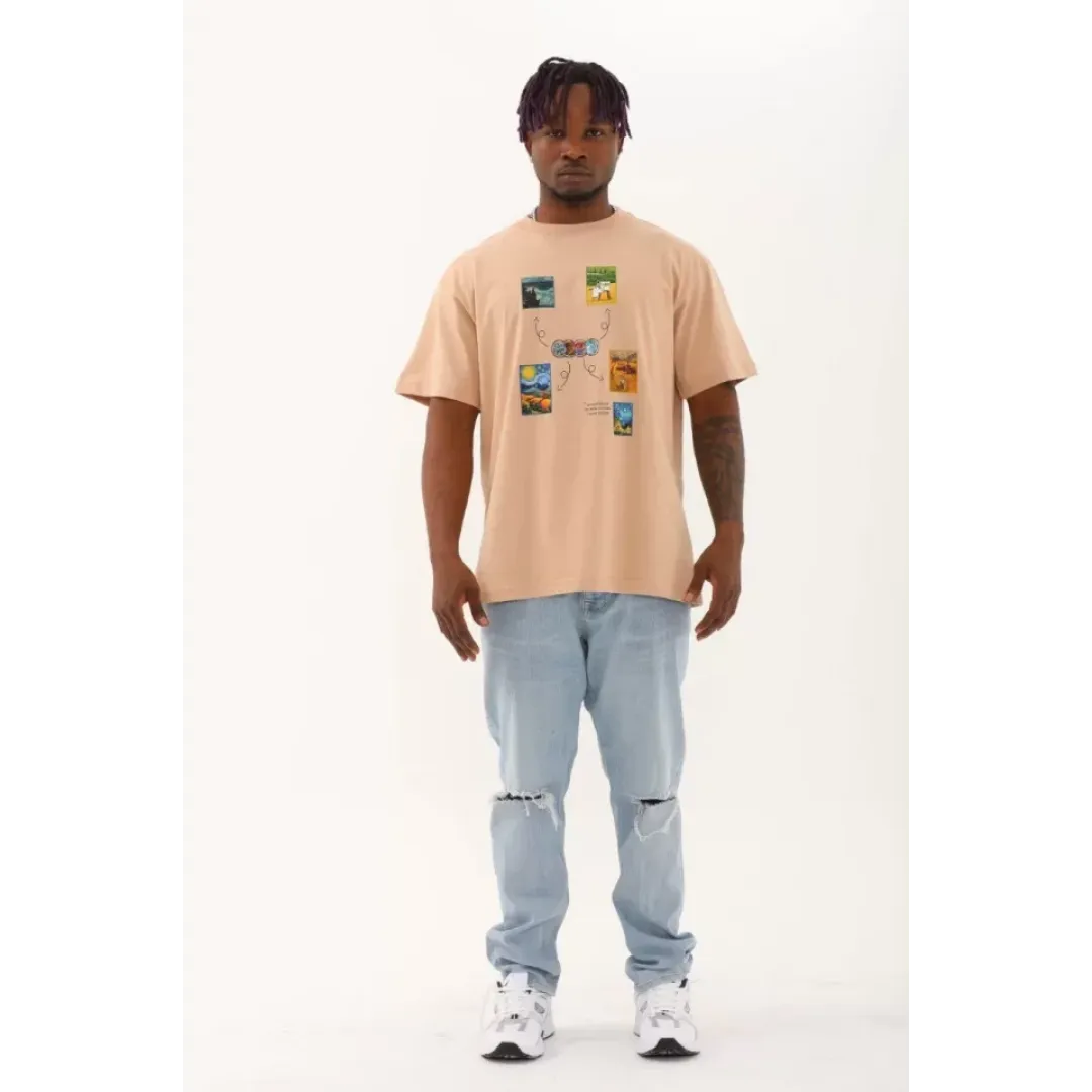 Unisex Oversize Baskılı Bisiklet Yaka T-Shirt - Bej - 93285 Unisex Oversize Baskılı Bisiklet Yaka T-Shirt - Bej - 93285