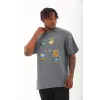 Unisex Oversize Baskılı Bisiklet Yaka T-Shirt - Füme - 93286 Unisex Oversize Baskılı Bisiklet Yaka T-Shirt - Füme - 93286